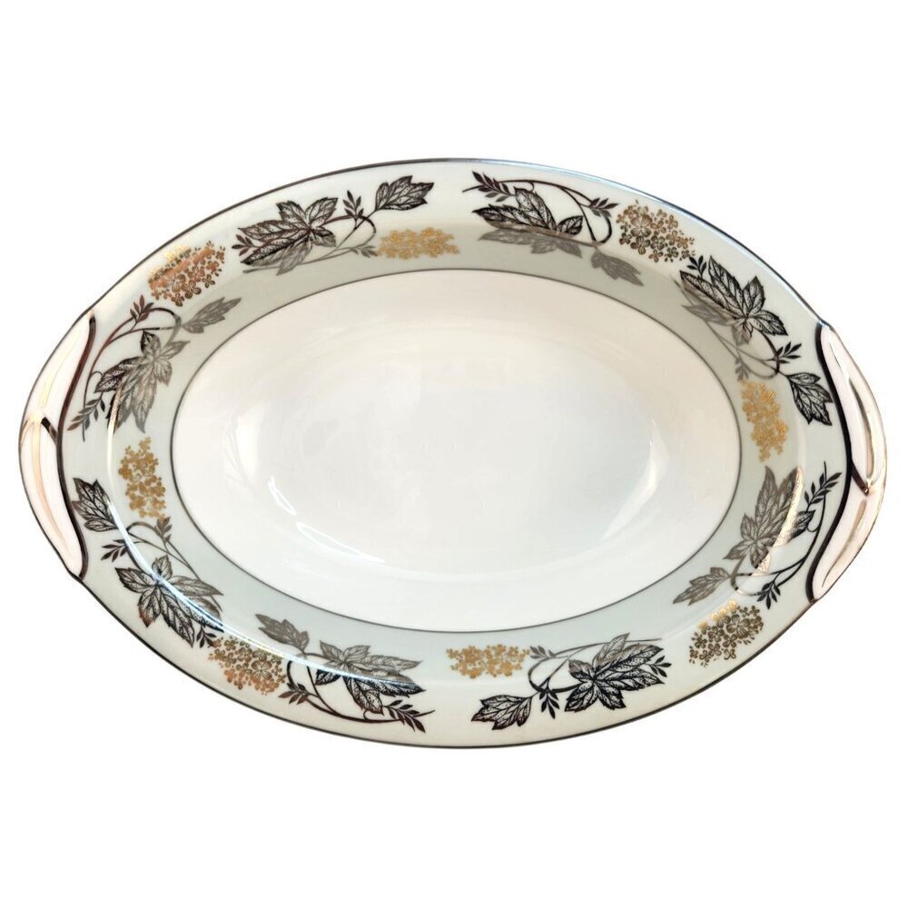 Noritake China Silvine 5487 Large Serving Platter Green Gold Flowers Silver Trim
